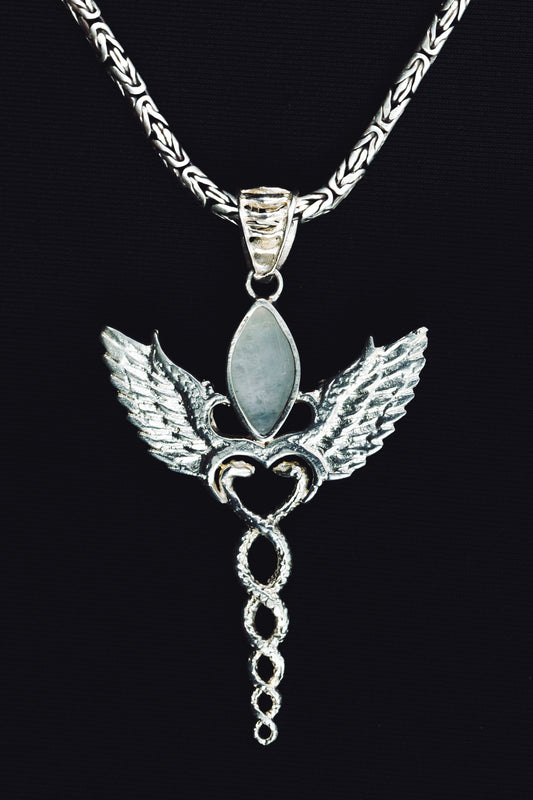 Sterling Silver Caduceus Pendant Rainbow Moonstone