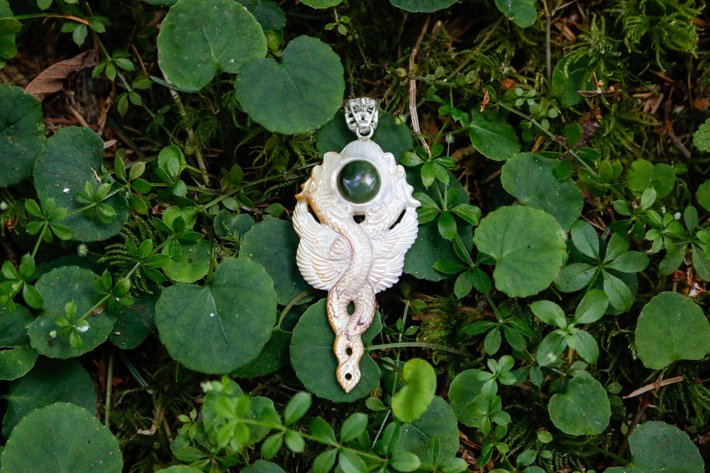 Kundalini Dragon Pendant - Light Mother of Pearl Liquid Fire Mantra