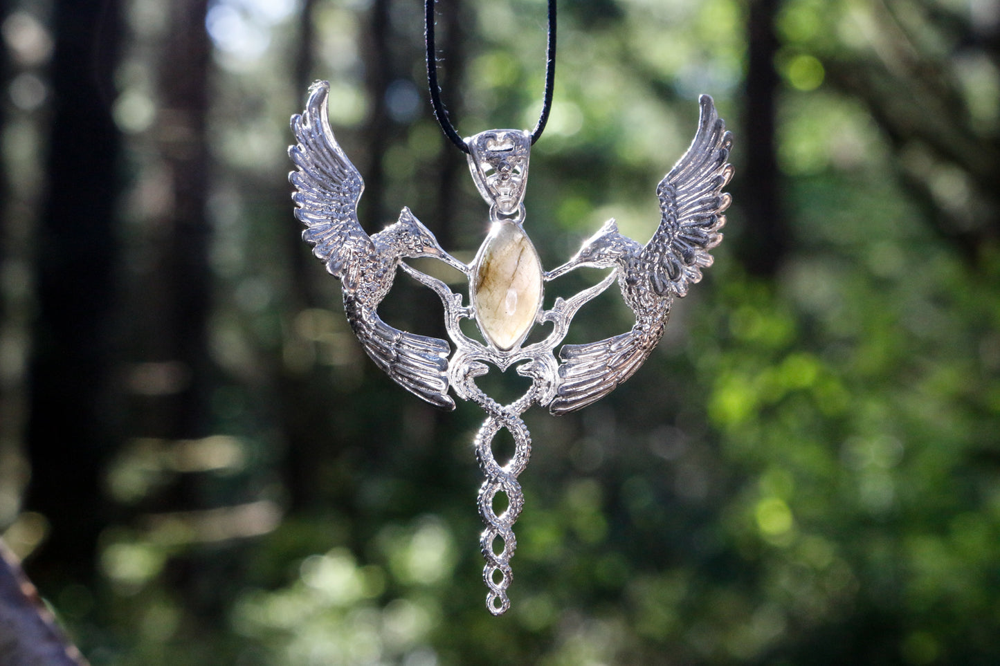 Humming Caduceus Pendant - Sterling Silver - Rainbow Moonstone