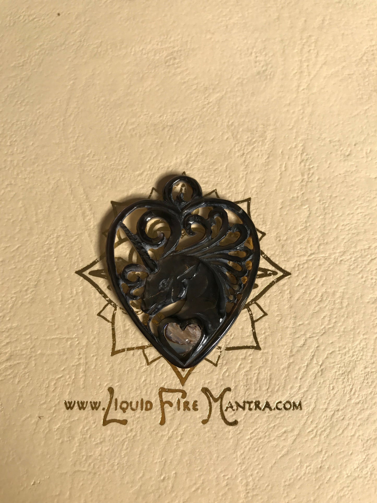 Unicorn Guitar Pick Pendant - Dark Mother of Pearl Liquid Fire Mantra