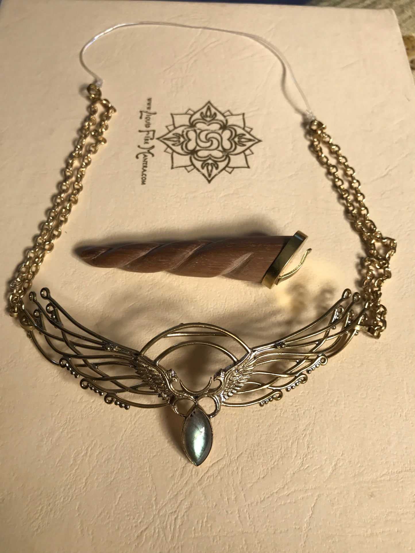 Unicorn Tiara wing labrodorite natural wood horn logo