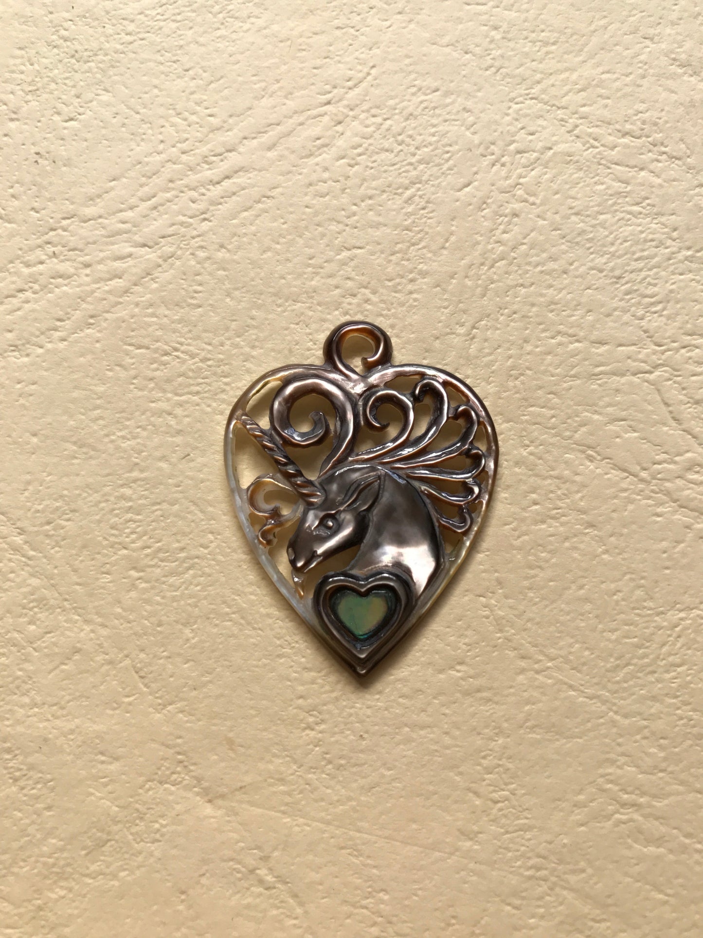 Unicorn Guitar Pick Pendant - Dark Mother of Pearl Liquid Fire Mantra