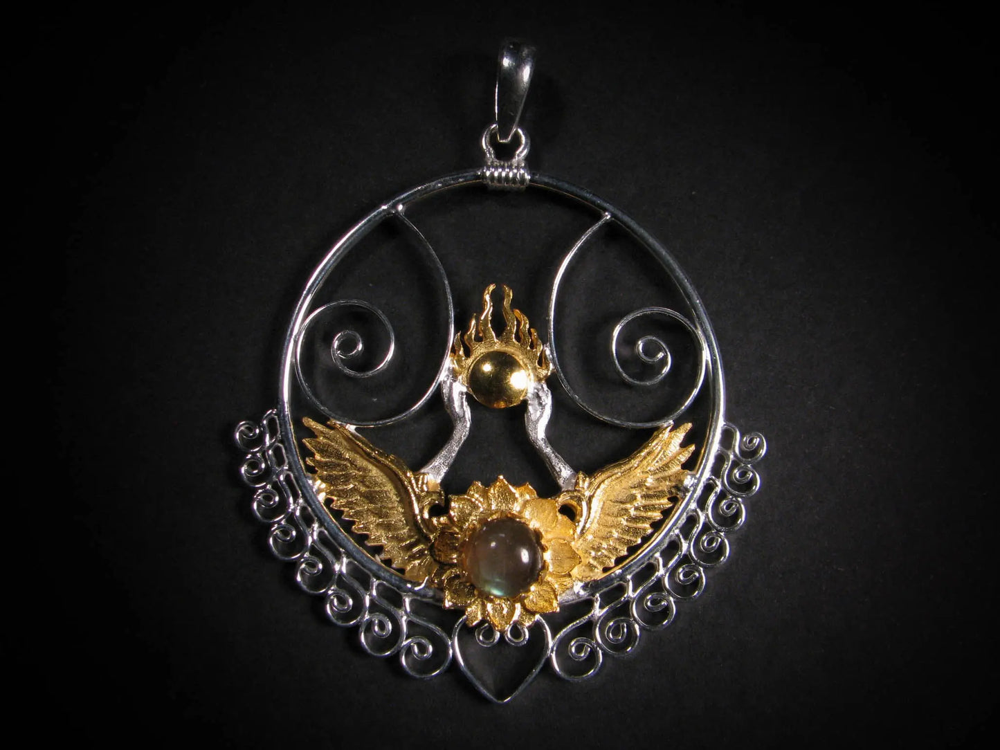 Shakti Bhakti Pendant - Sterling Silver / 24K Gold Vermeil - Rainbow Moonstone Liquid Fire Mantra