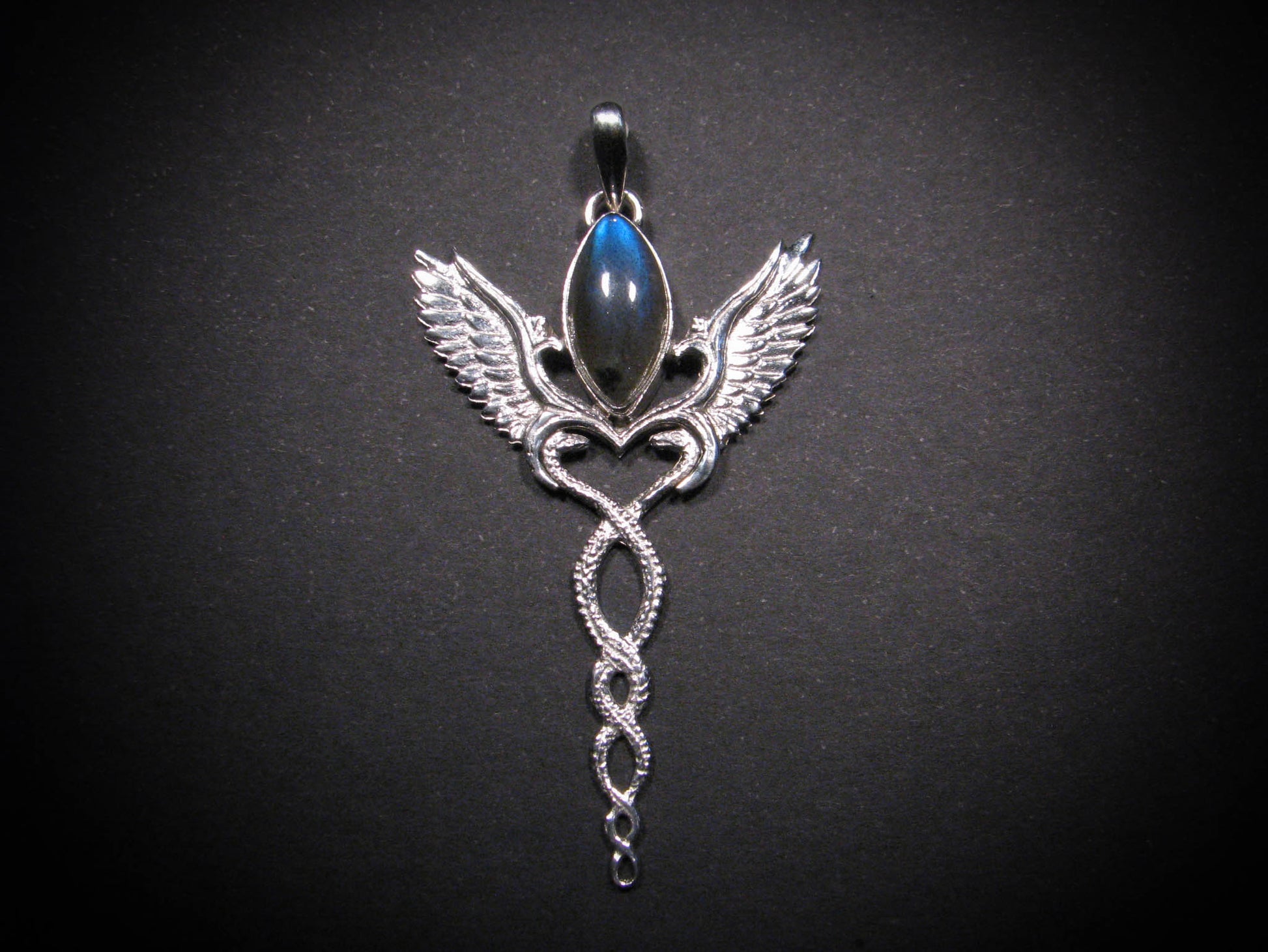 Caduceus Pendant - Sterling Silver - Gemstone choices Liquid Fire Mantra