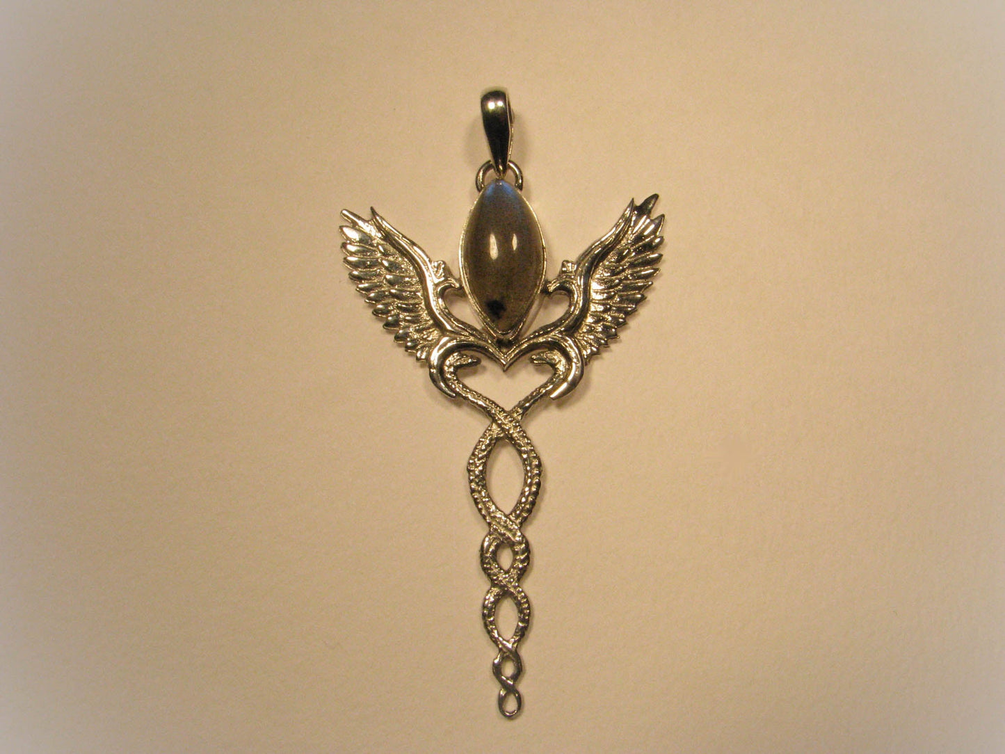 Caduceus Pendant - Sterling Silver - Labradorite Liquid Fire Mantra