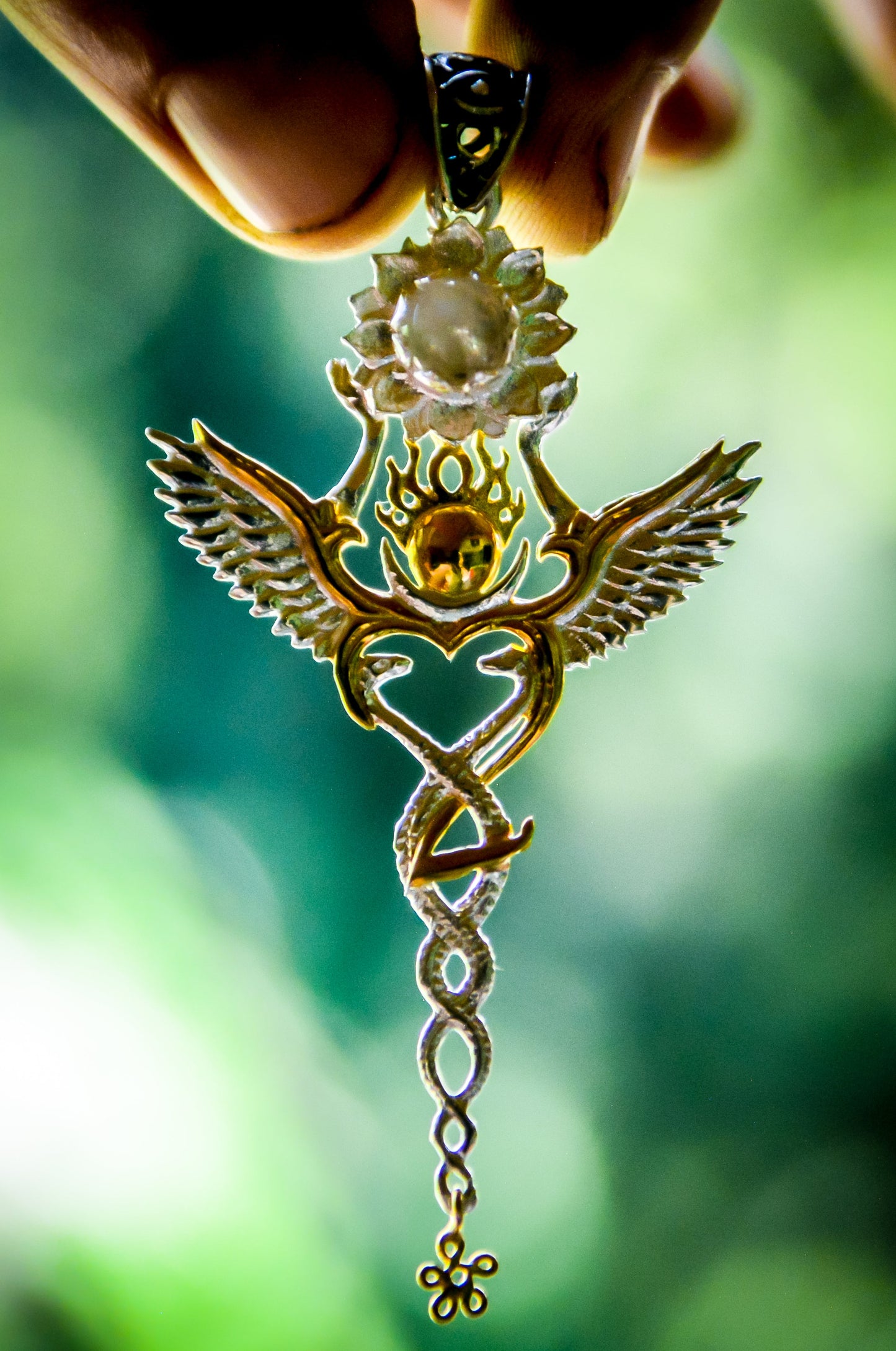 Creation Pendant - Sterling Silver / 24K Gold Vermeil - Rainbow Moonstone Liquid Fire Mantra