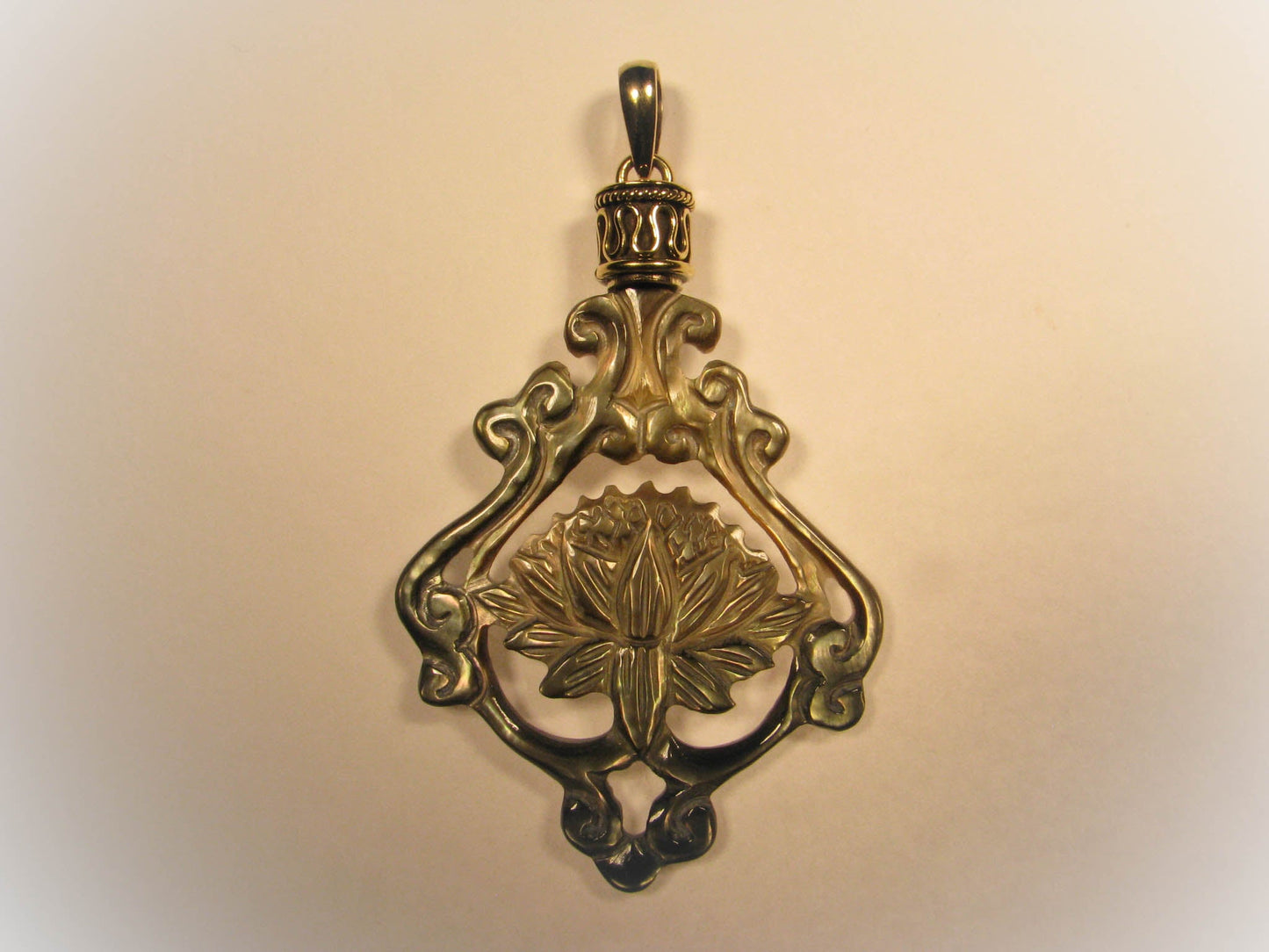 Lotus Pendant - Dark Mother of Pearl - Brass Bail Liquid Fire Mantra