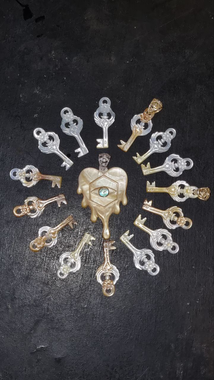 Love Key Pendant - Light Mother of Pearl - Brass Liquid Fire Mantra