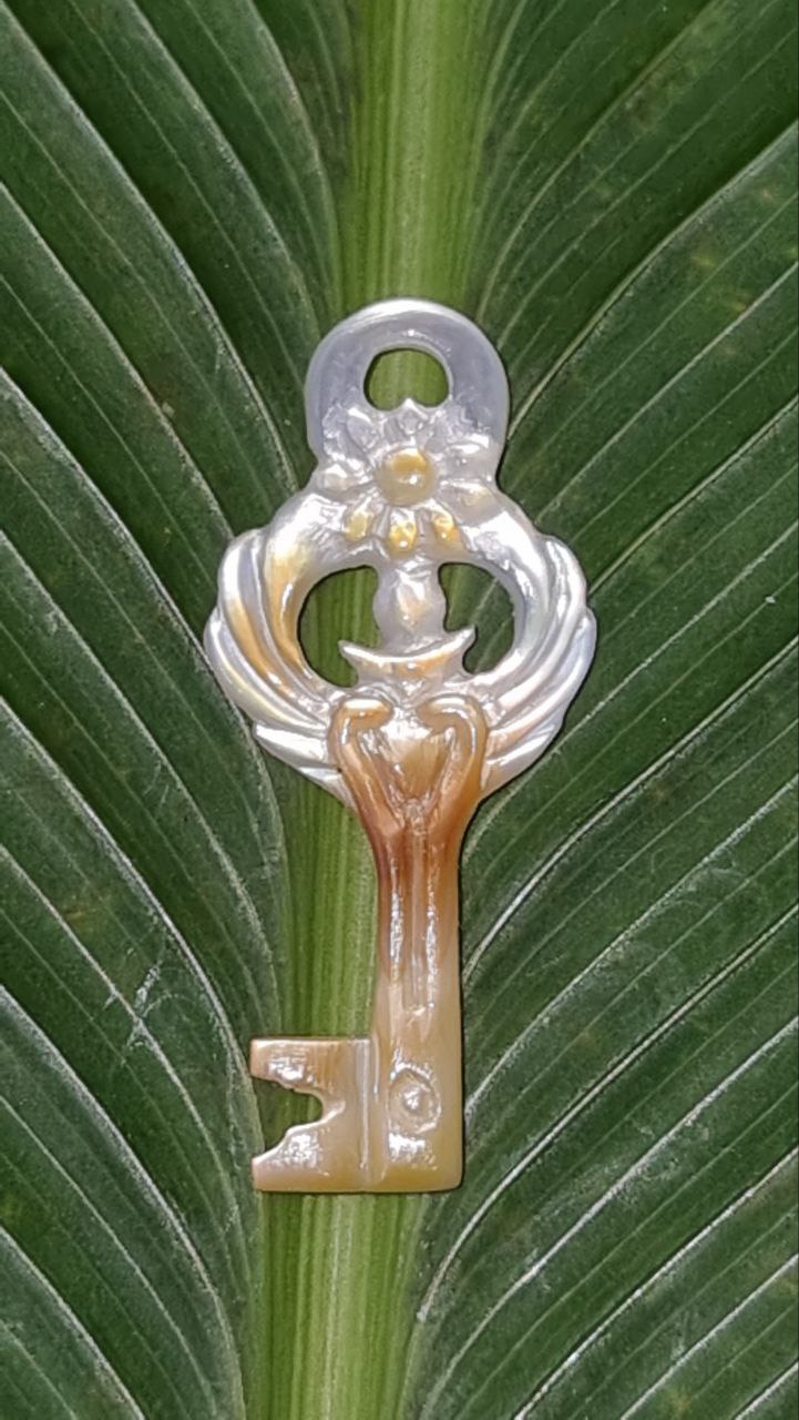 Love Key Pendant - Light Mother of Pearl - Silver Liquid Fire Mantra