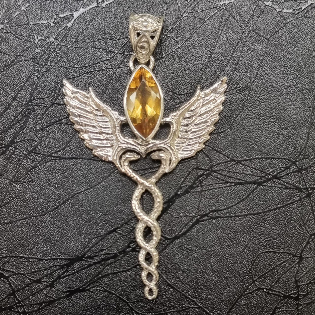 Caduceus Pendant - Sterling Silver - Gemstone choices Liquid Fire Mantra
