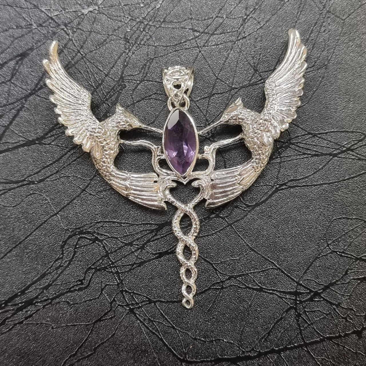 Humming Caduceus Pendant - Sterling Silver - Amethyst Liquid Fire Mantra