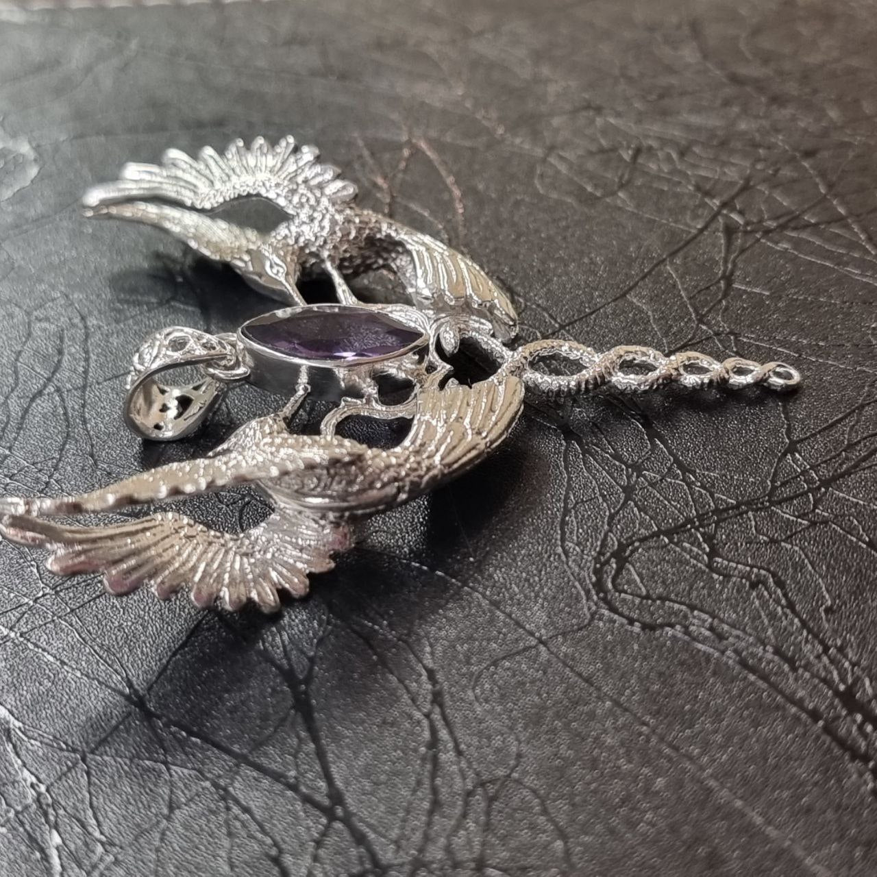 Humming Caduceus Pendant - Sterling Silver - Amethyst Liquid Fire Mantra