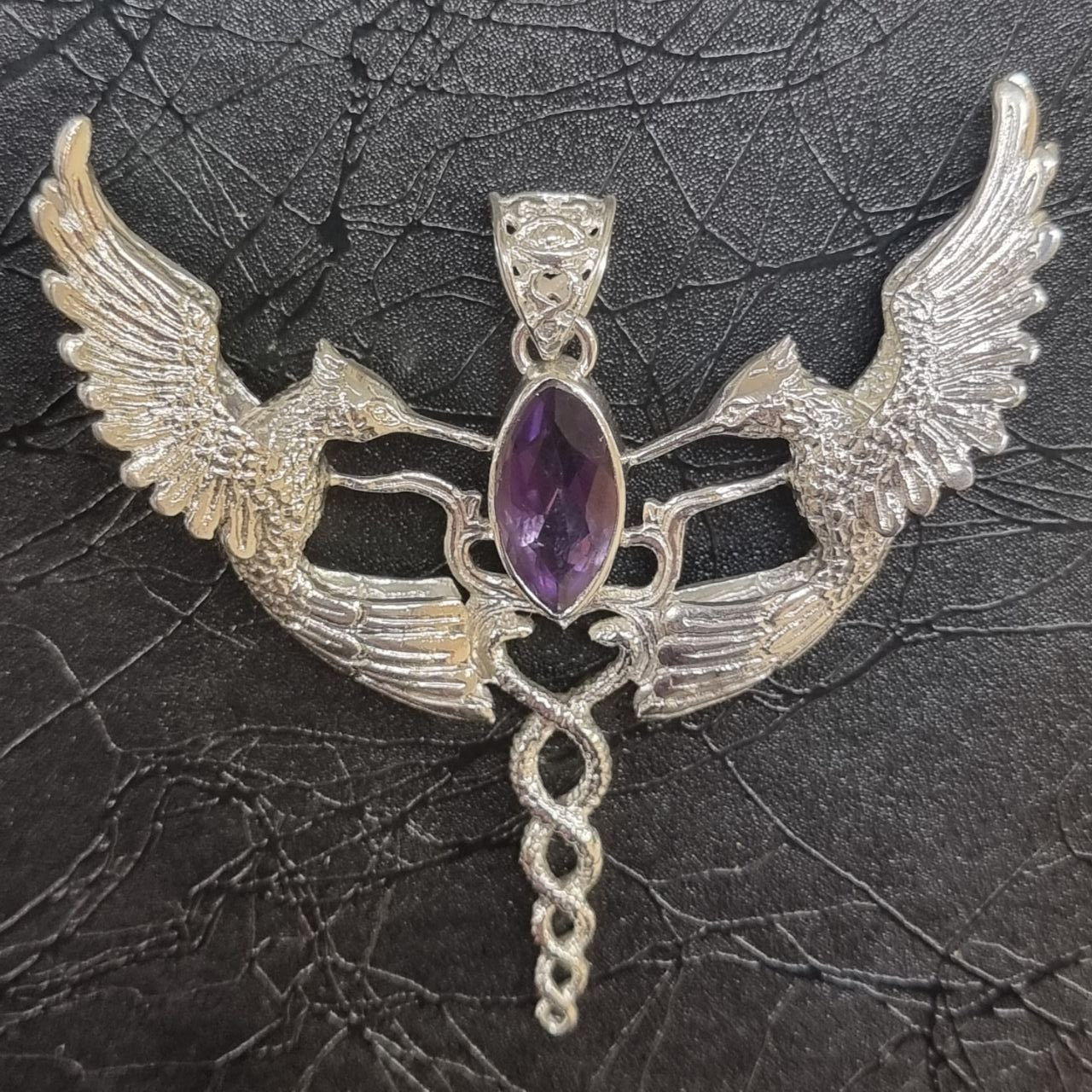 Humming Caduceus Pendant - Sterling Silver - Amethyst Liquid Fire Mantra