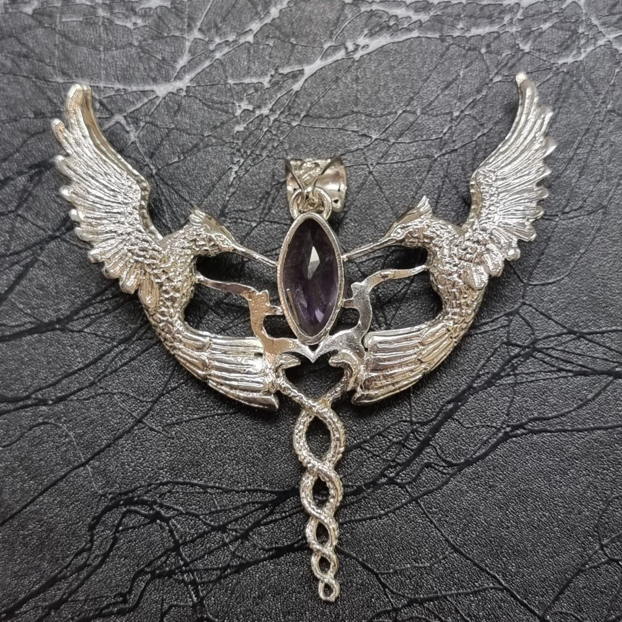 Humming Caduceus Pendant - Sterling Silver - Amethyst Liquid Fire Mantra