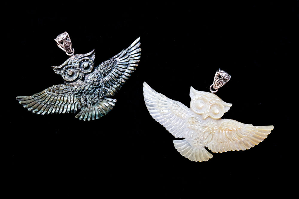 Owl Pendant - Light Mother of Pearl - Silver Bail Liquid Fire Mantra