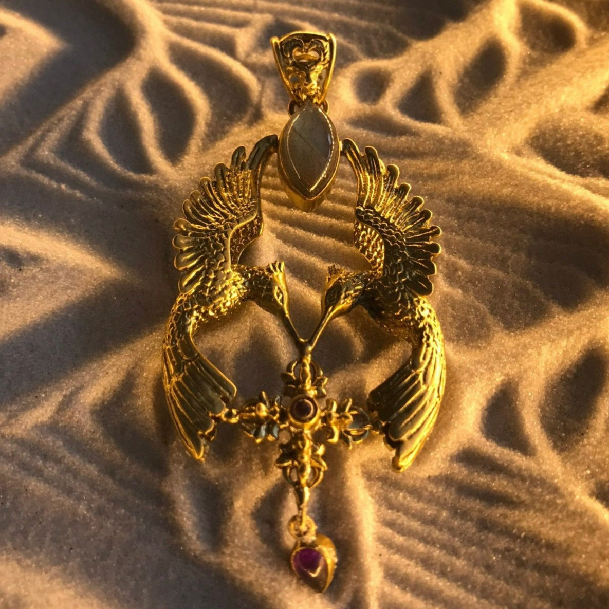 HumGaiaTri 3D Pendant - Brass - Labradorite Liquid Fire Mantra