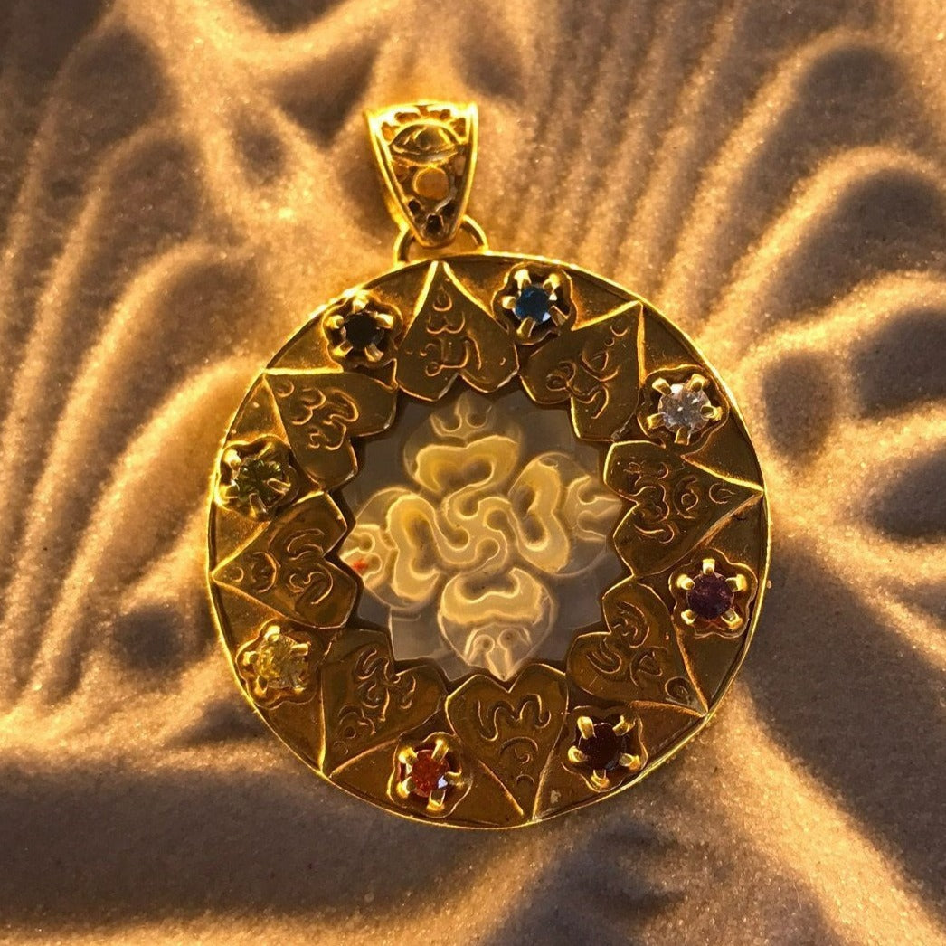 Compass of Love Pendant - 24K Gold Plated - Light Mother of Pearl Liquid Fire Mantra