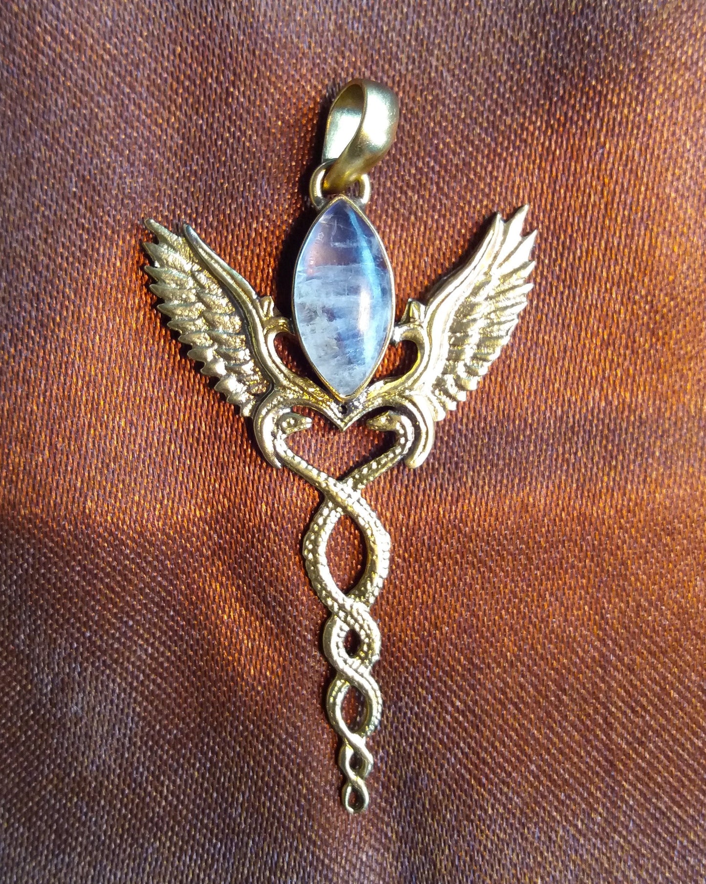 Caduceus Pendant - Brass Liquid Fire Mantra