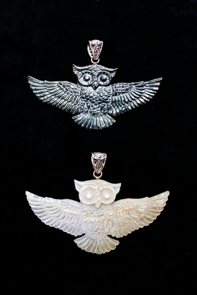Owl Pendant - Light Mother of Pearl - Silver Bail Liquid Fire Mantra