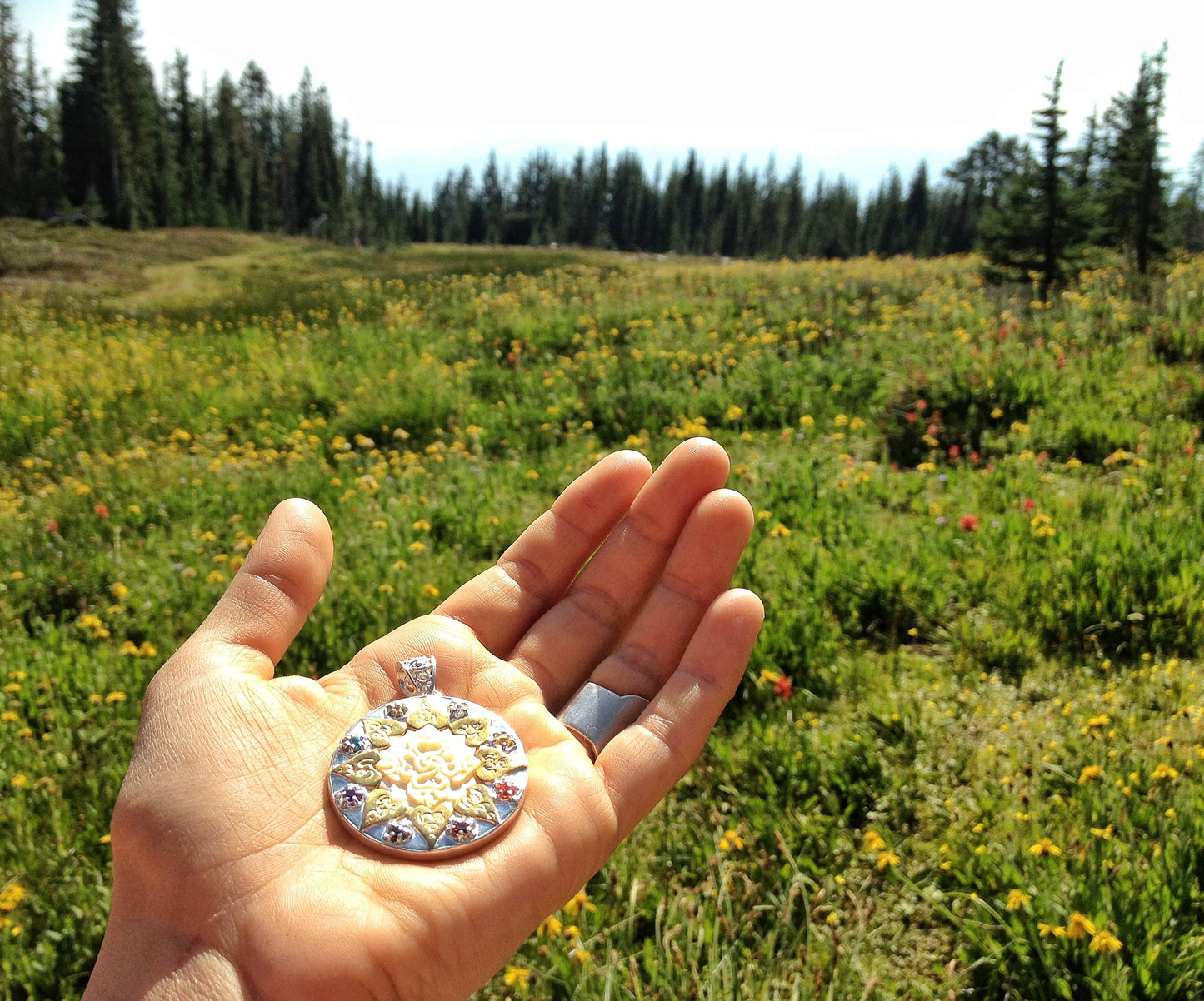 Compass of Love Pendant - Sterling Silver/24K Gold Vermeil - Light Mother of Pearl Liquid Fire Mantra