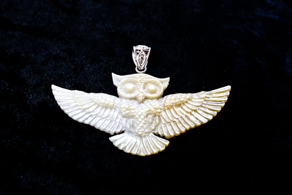Owl Pendant - Light Mother of Pearl - Silver Bail Liquid Fire Mantra