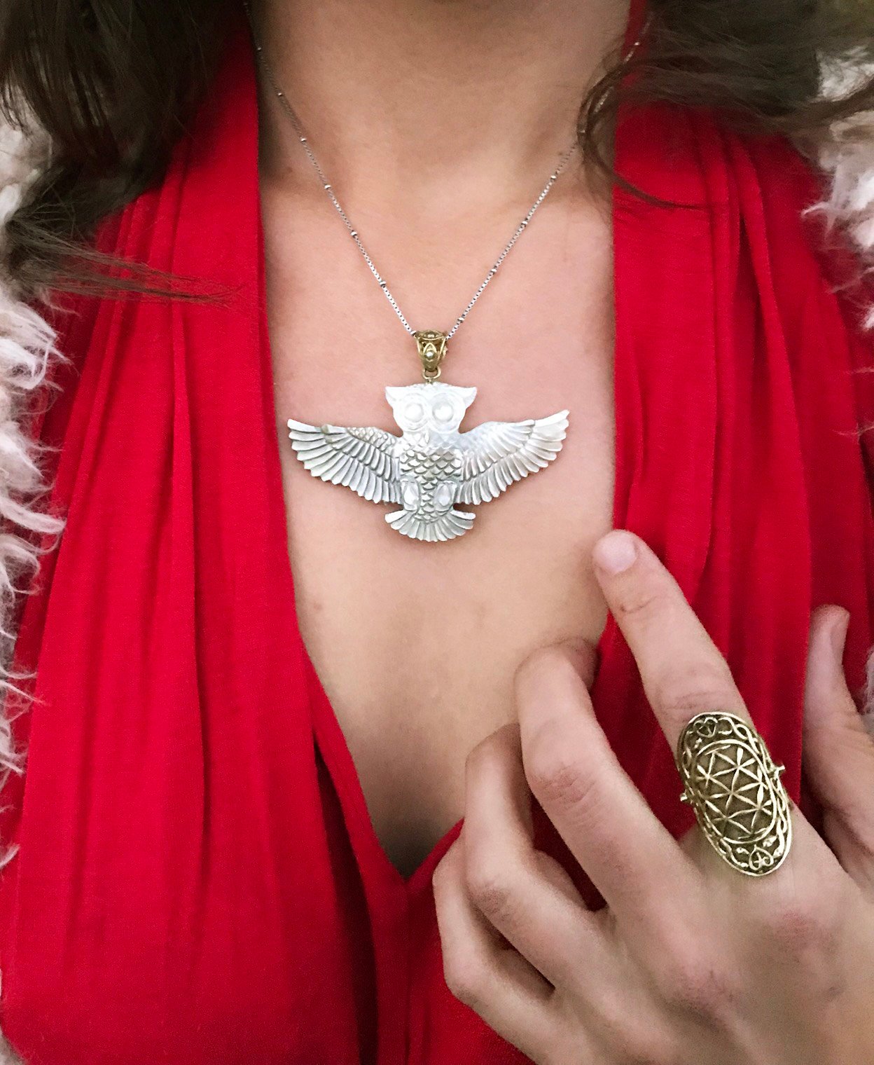 Owl Pendant - Dark Mother of Pearl - Brass Bail Liquid Fire Mantra