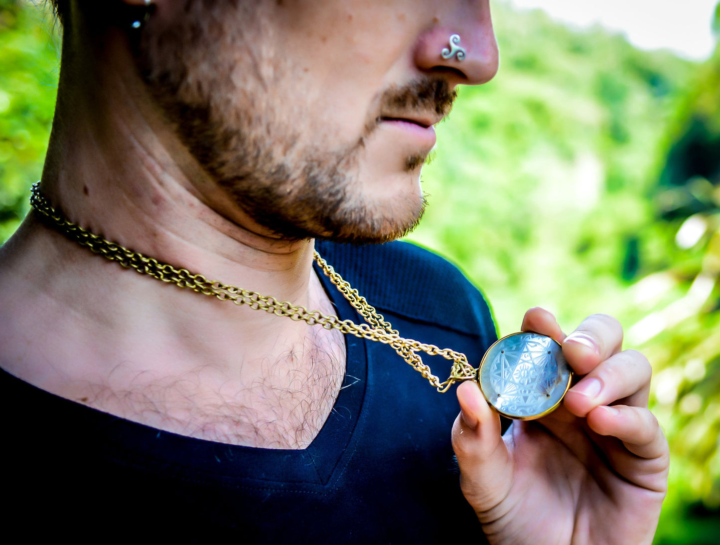 Compass of Love Pendant - Brass - Dark Mother of Pearl Liquid Fire Mantra