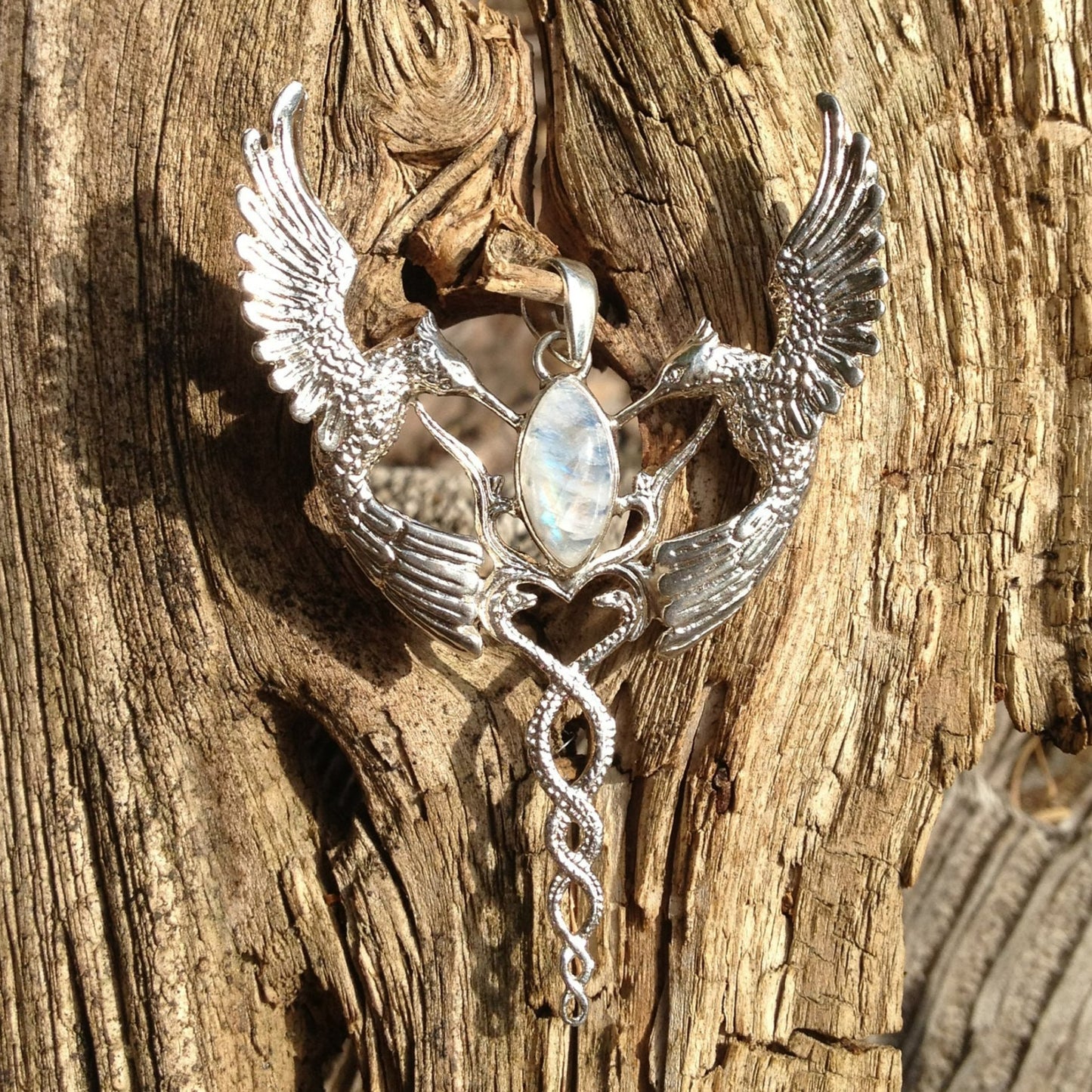 Humming Caduceus Pendant - Sterling Silver - Rainbow Moonstone