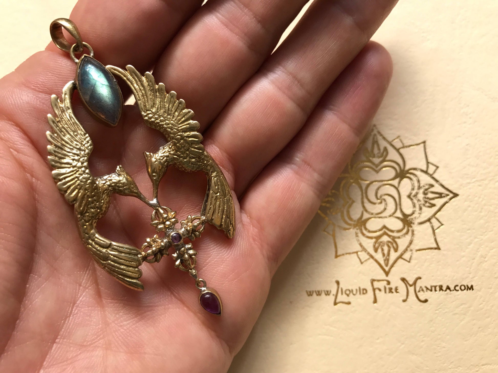 HumGaiaTri 3D Pendant - Brass - Labradorite Liquid Fire Mantra
