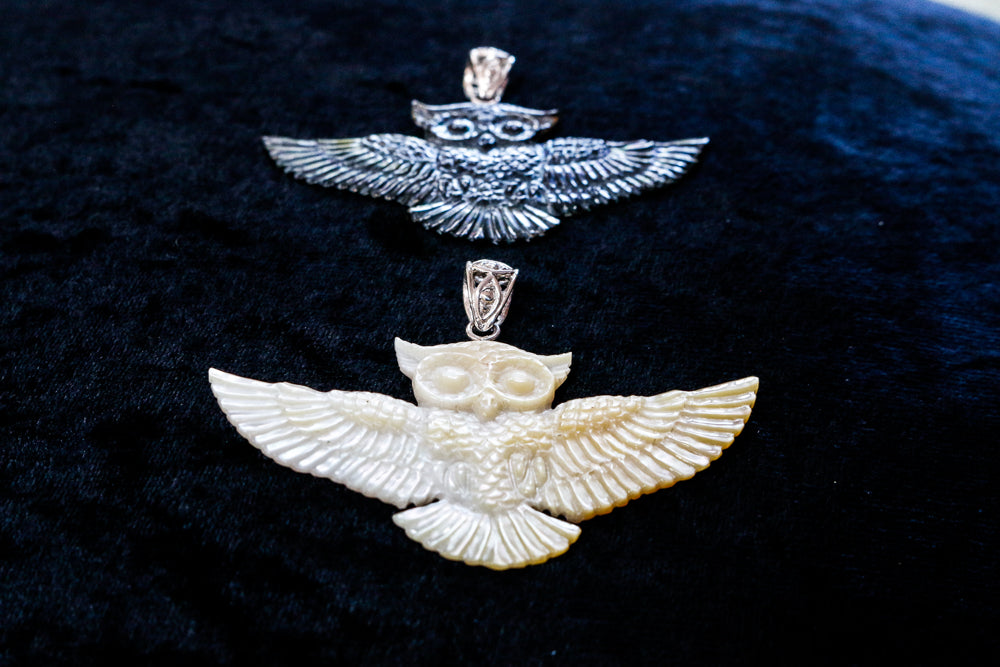Owl Pendant - Light Mother of Pearl - Silver Bail Liquid Fire Mantra