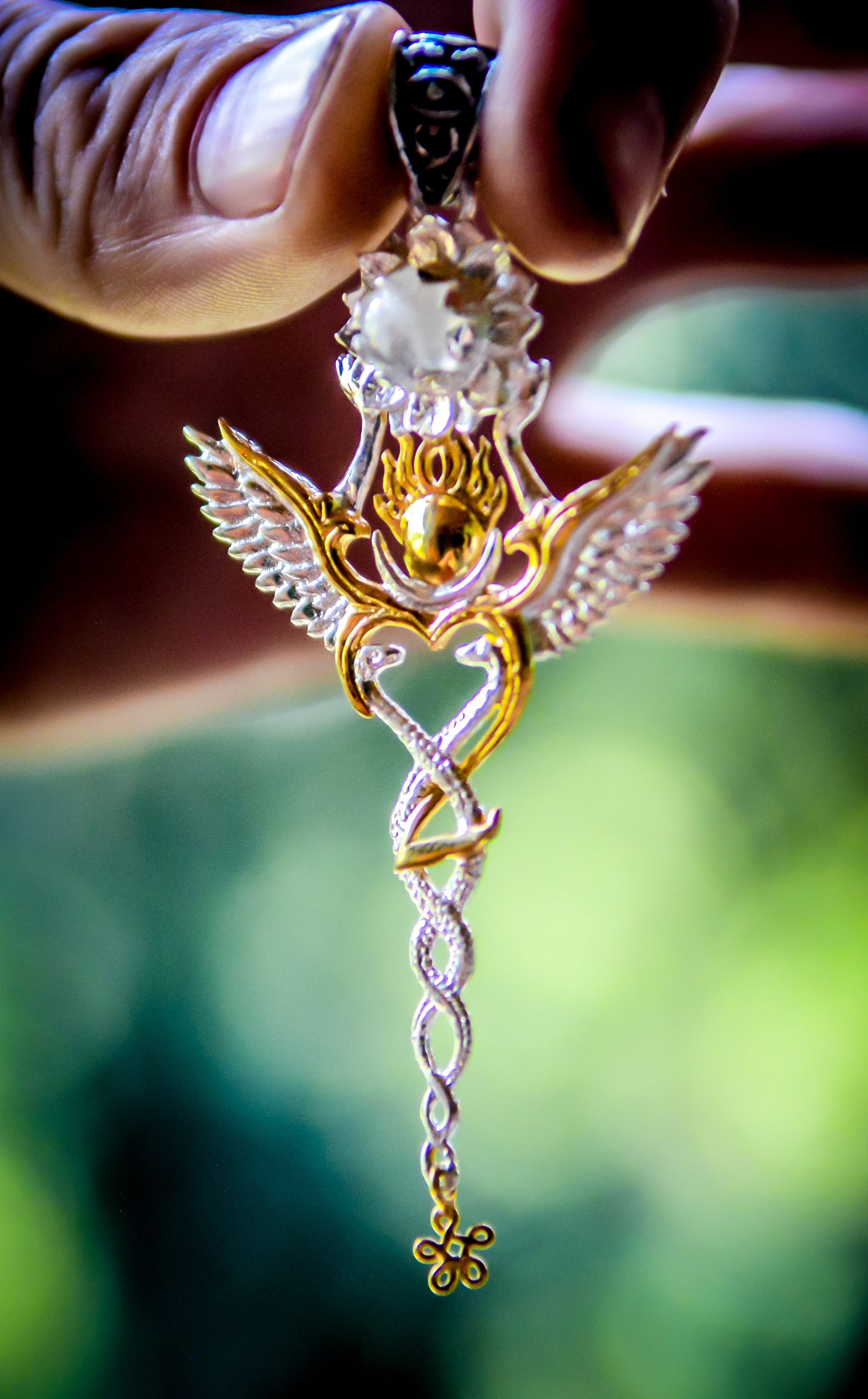 Creation Pendant - Sterling Silver / 24K Gold Vermeil - Rainbow Moonstone Liquid Fire Mantra