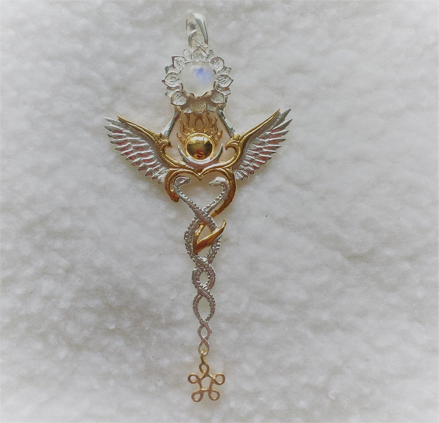 Creation Pendant - Sterling Silver / 24K Gold Vermeil - Rainbow Moonstone Liquid Fire Mantra
