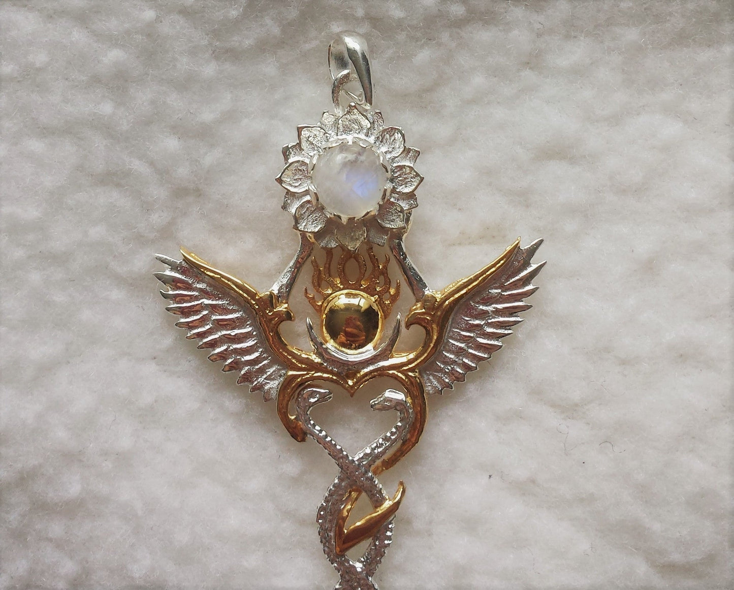 Creation Pendant - Sterling Silver / 24K Gold Vermeil - Rainbow Moonstone Liquid Fire Mantra