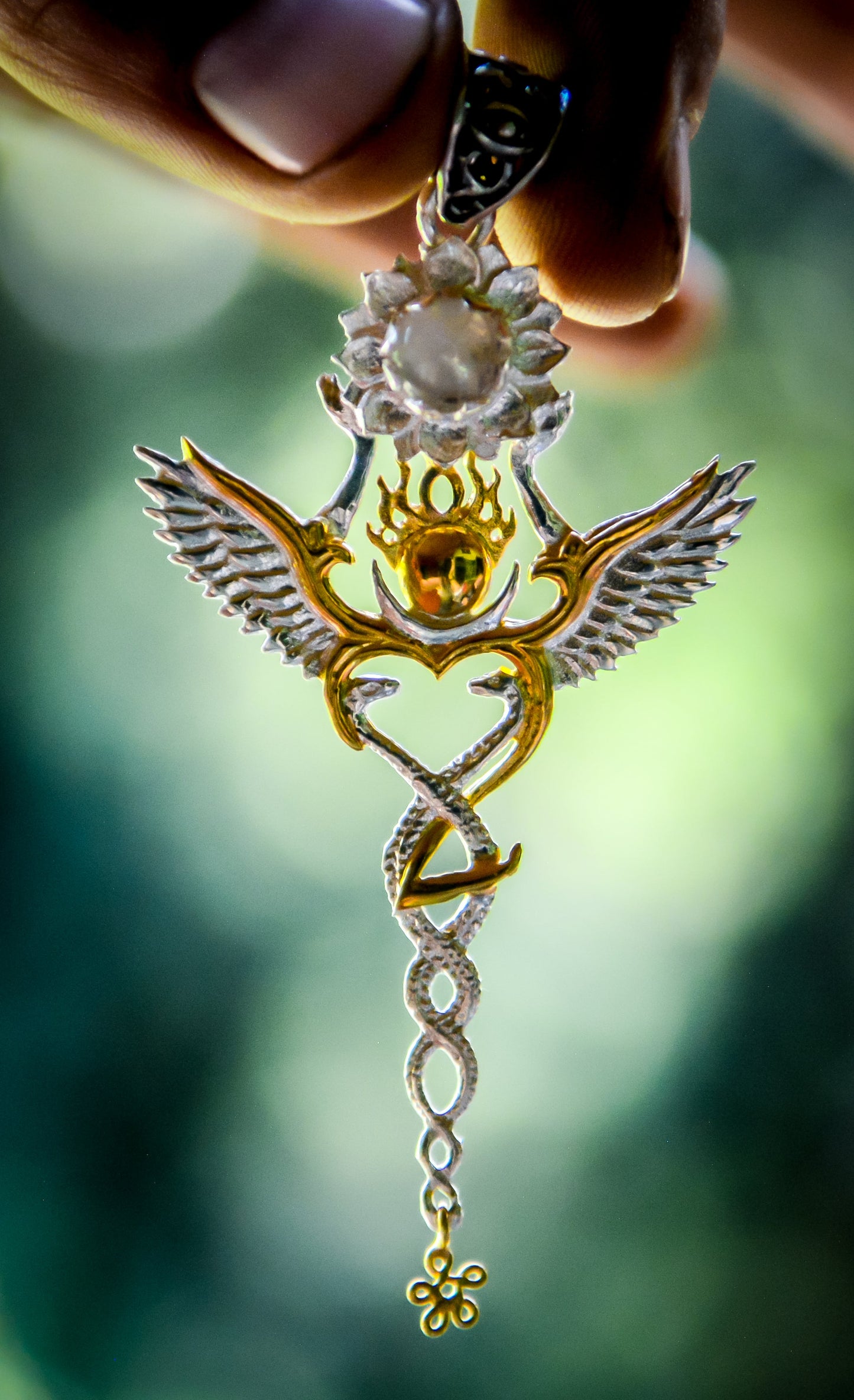 Creation Pendant - Sterling Silver / 24K Gold Vermeil - Rainbow Moonstone Liquid Fire Mantra