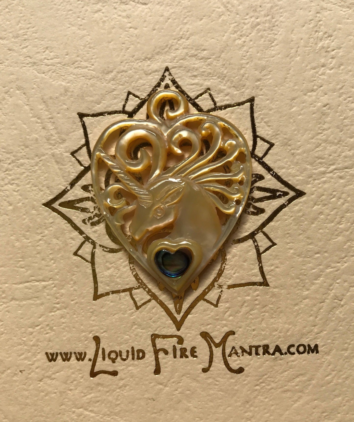 Unicorn Guitar Pick Pendant - Light Mother of Pearl Liquid Fire Mantra