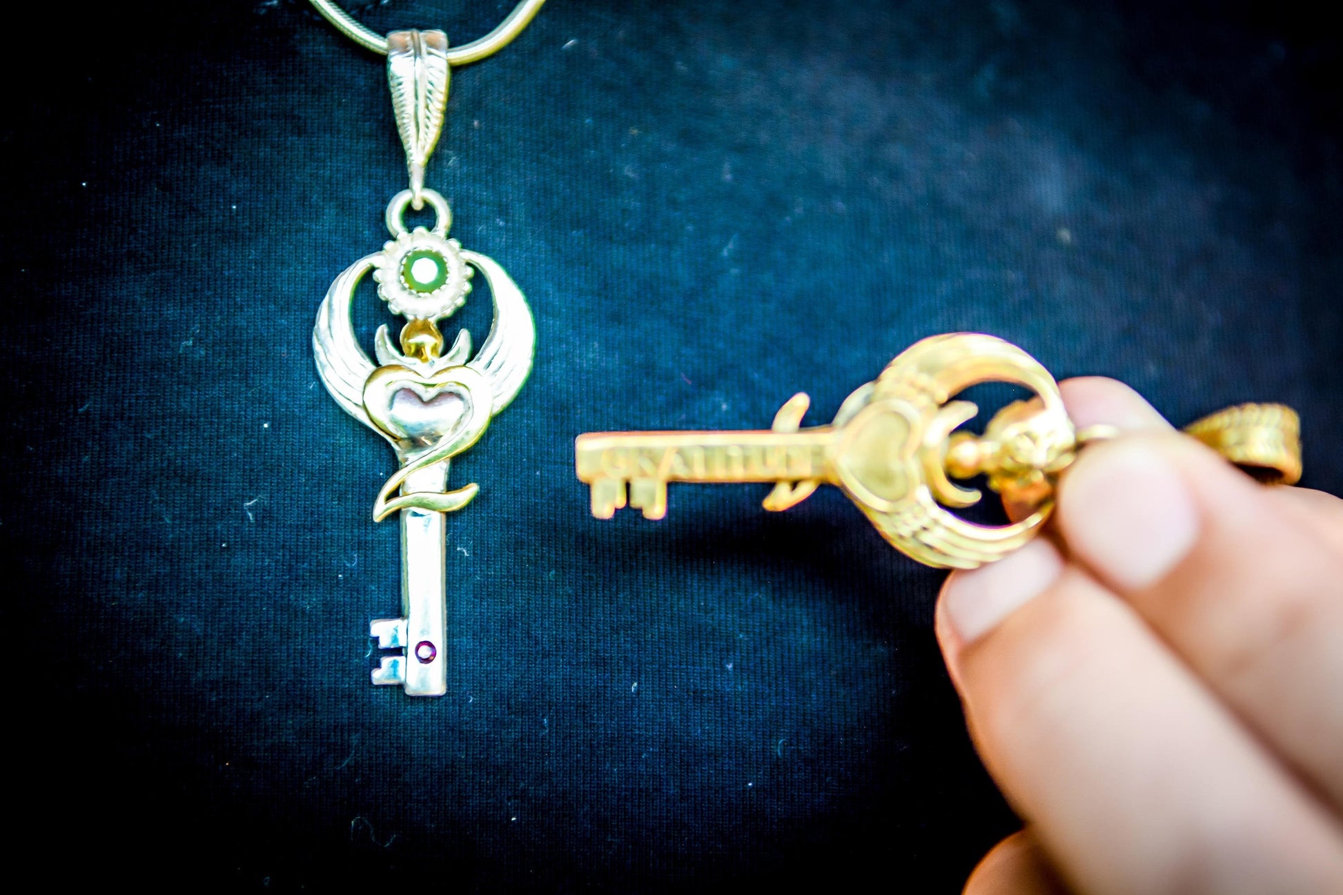 Gratitude Key Pendant - Sterling Silver / 24K Gold Vermeil Liquid Fire Mantra