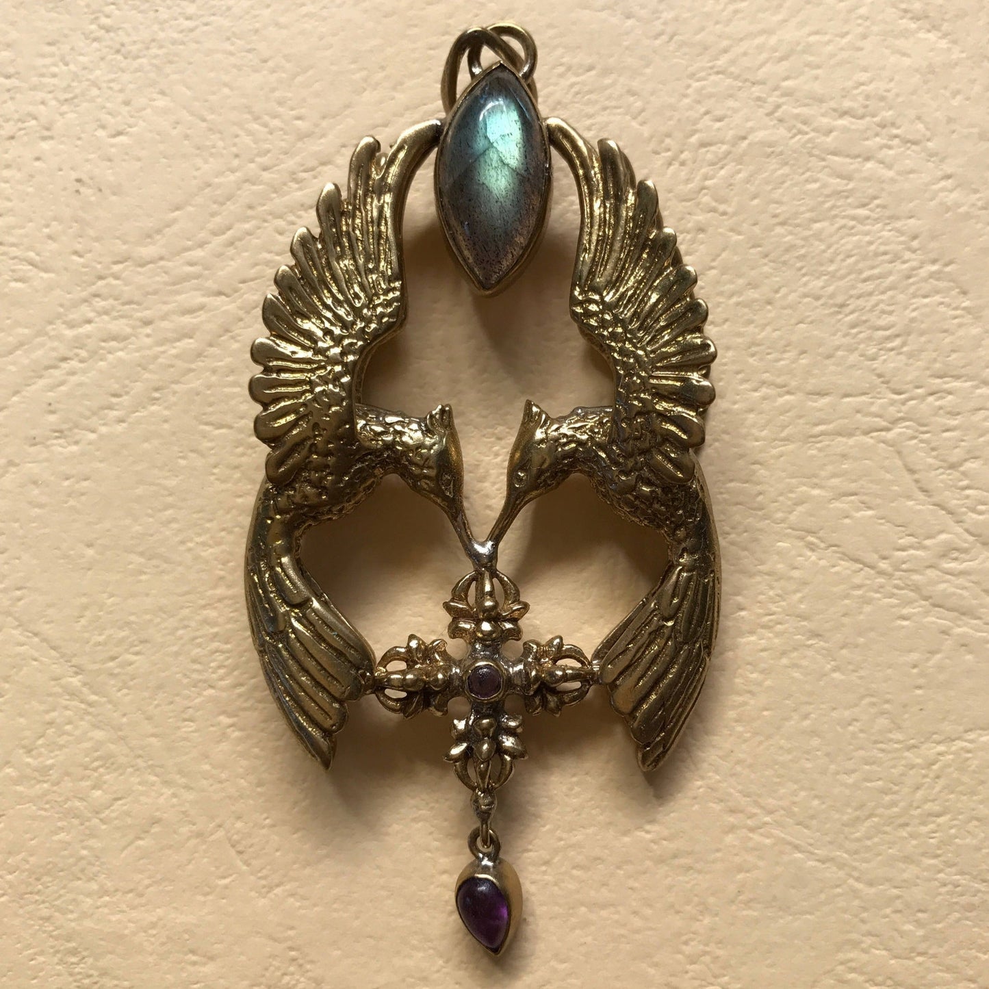 HumGaiaTri 3D Pendant - Brass - Labradorite Liquid Fire Mantra