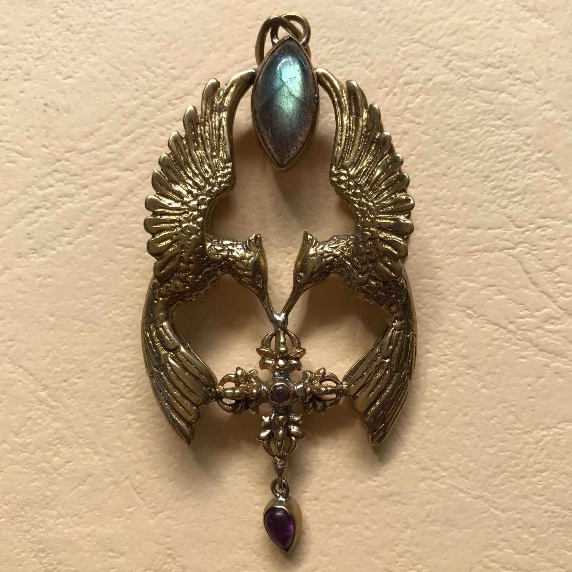 HumGaiaTri 3D Pendant - Brass - Labradorite Liquid Fire Mantra