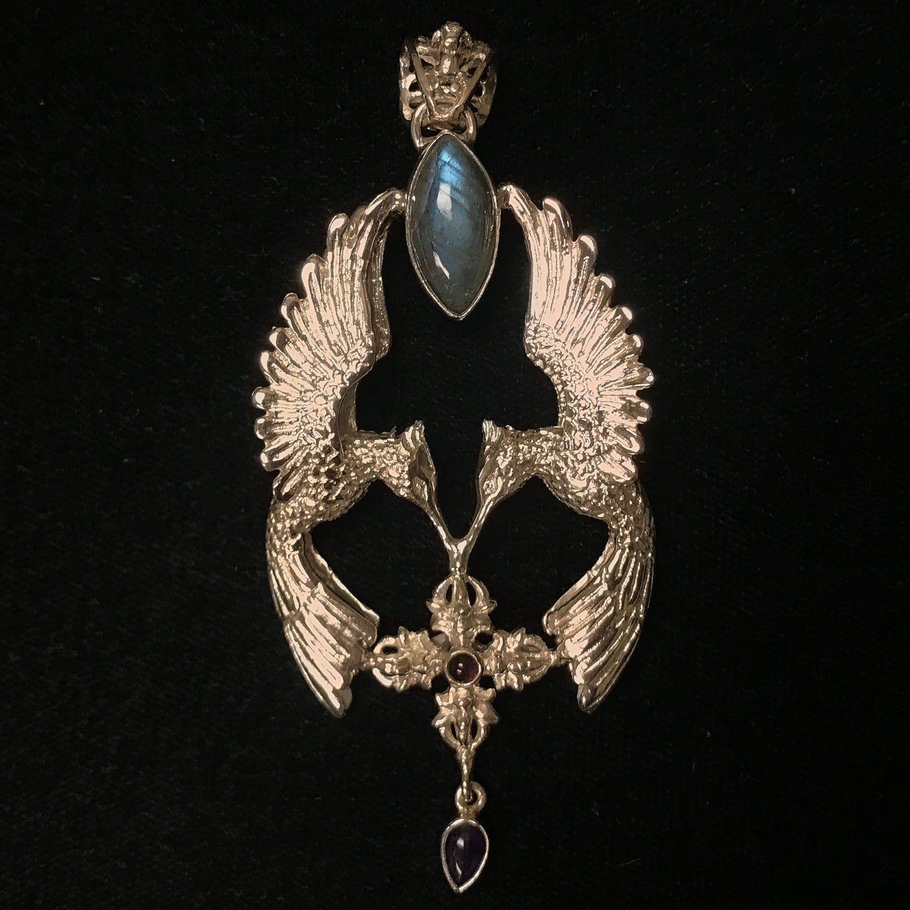 HumGaiaTri 3D Pendant - Brass - Labradorite Liquid Fire Mantra