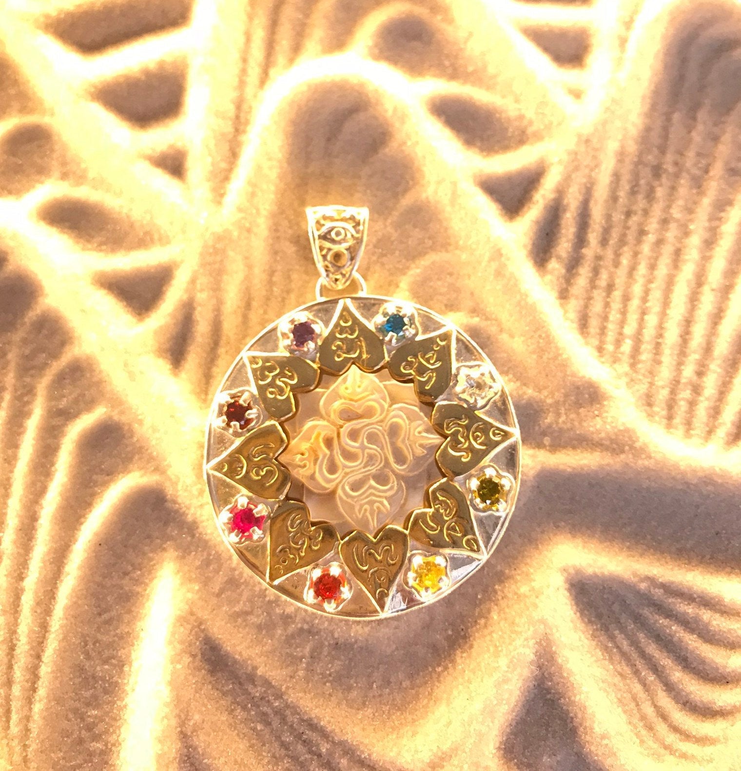 Compass of Love Pendant - Sterling Silver/24K Gold Vermeil - Light Mother of Pearl Liquid Fire Mantra