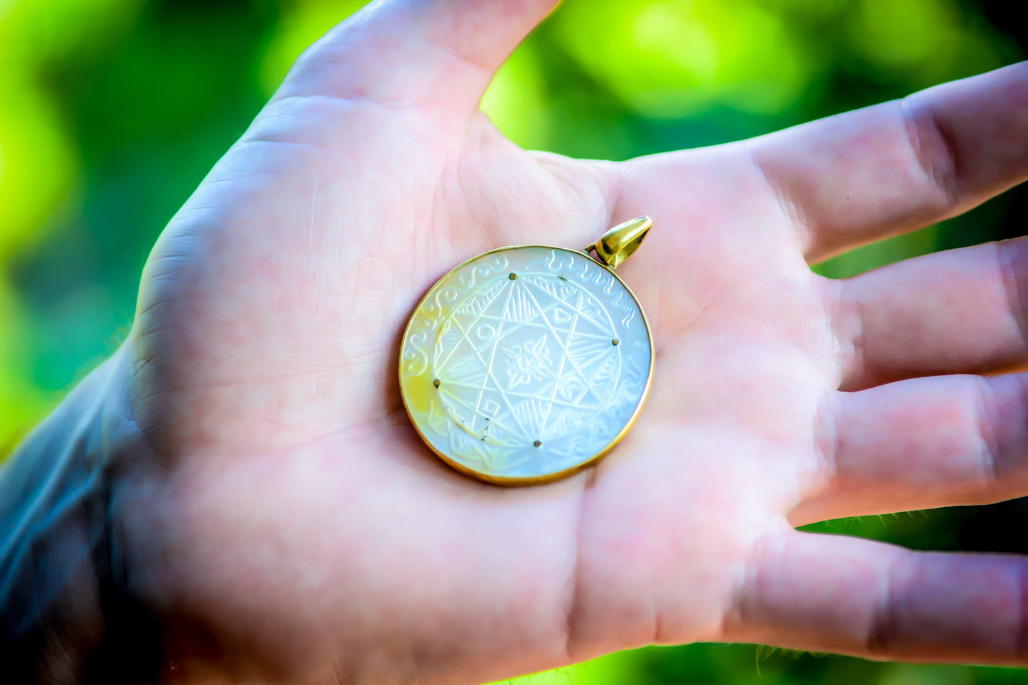 Compass of Love Pendant - Brass - Dark Mother of Pearl Liquid Fire Mantra