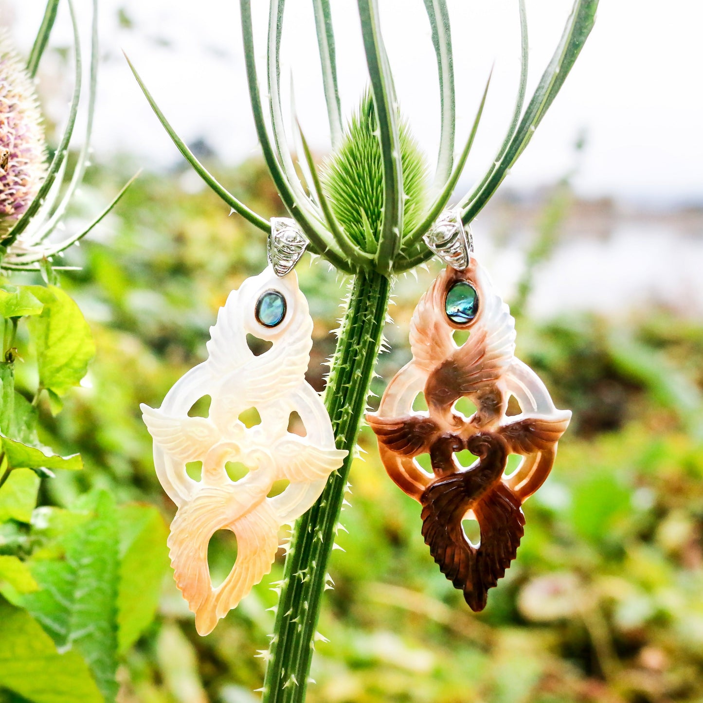 Seraphim Ganesha Pendant - Light Mother of Pearl Liquid Fire Mantra