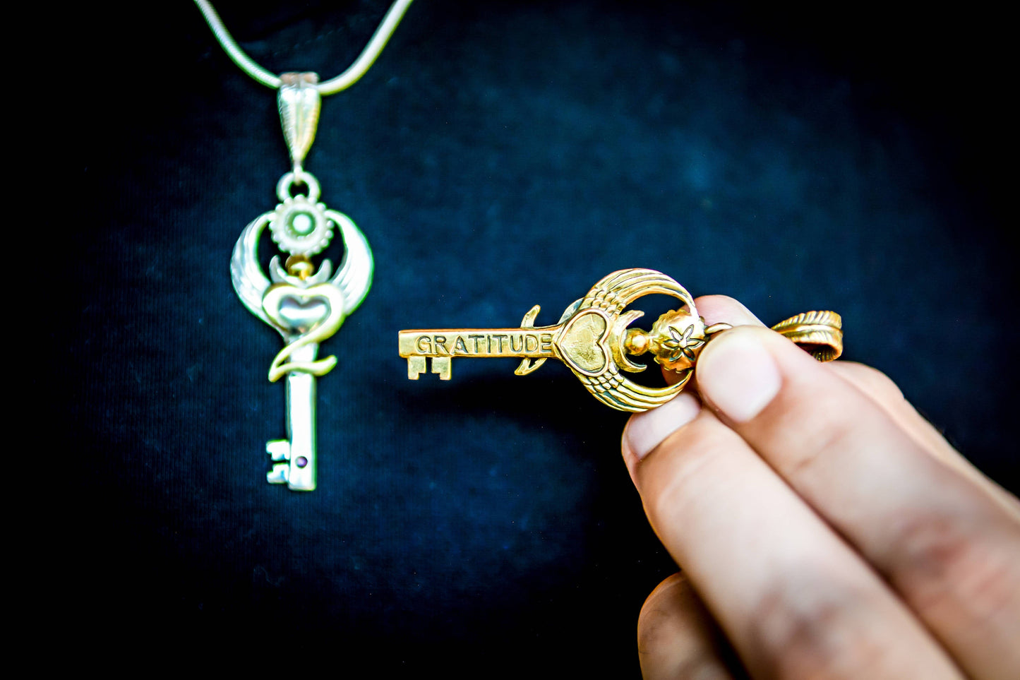 Gratitude Key Pendant - Brass Liquid Fire Mantra