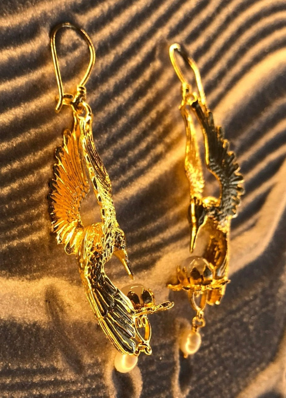Hummingbird Lotus Earrings Liquid Fire Mantra