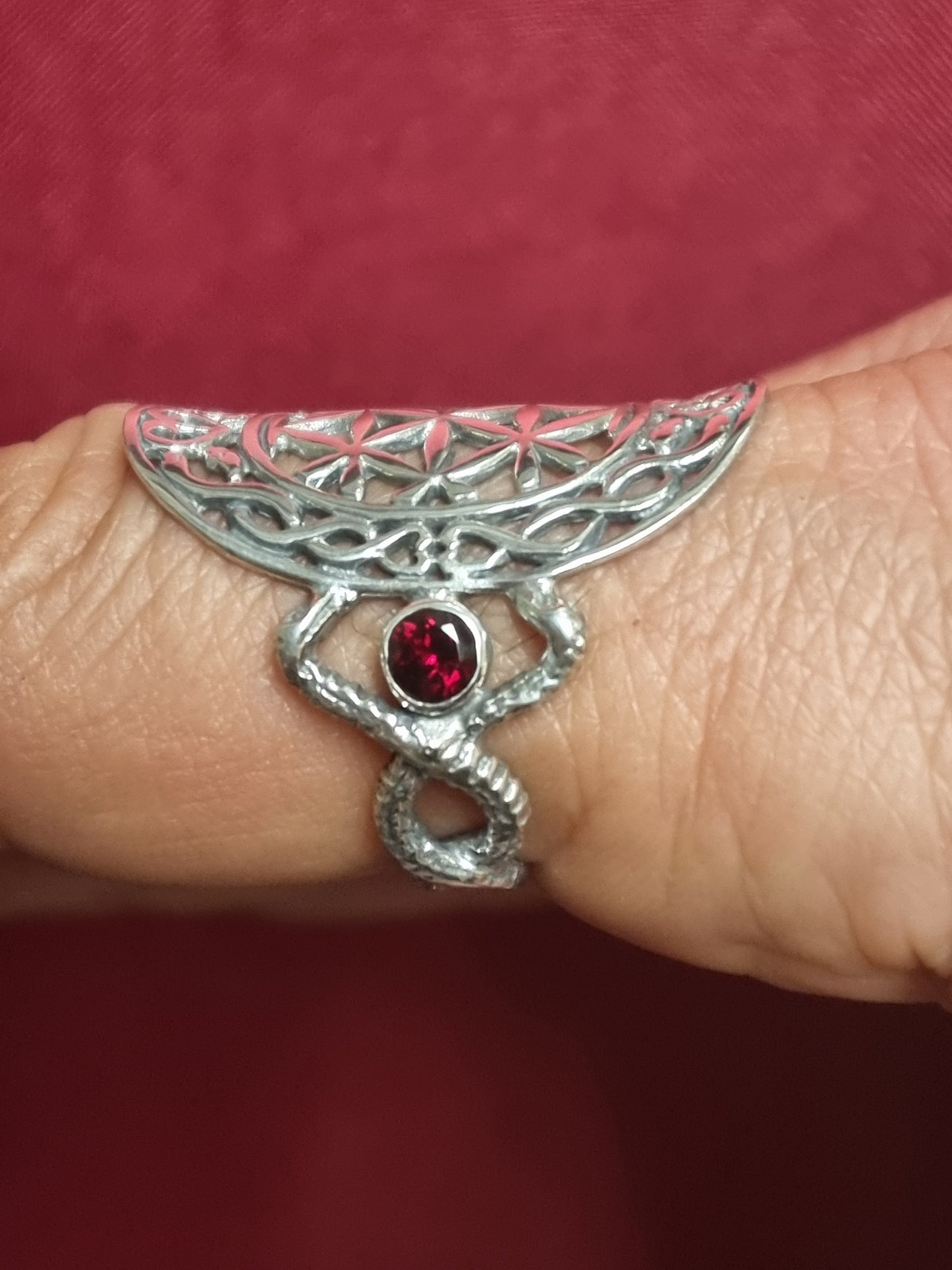 Caduceus Flower of Life Ring - Sterling Silver with Garnet