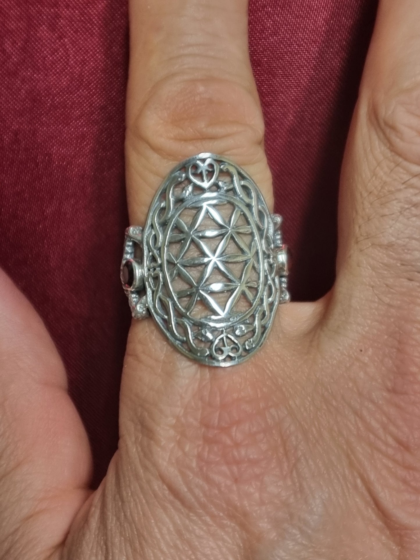 Caduceus Flower of Life Ring - Sterling Silver with Garnet