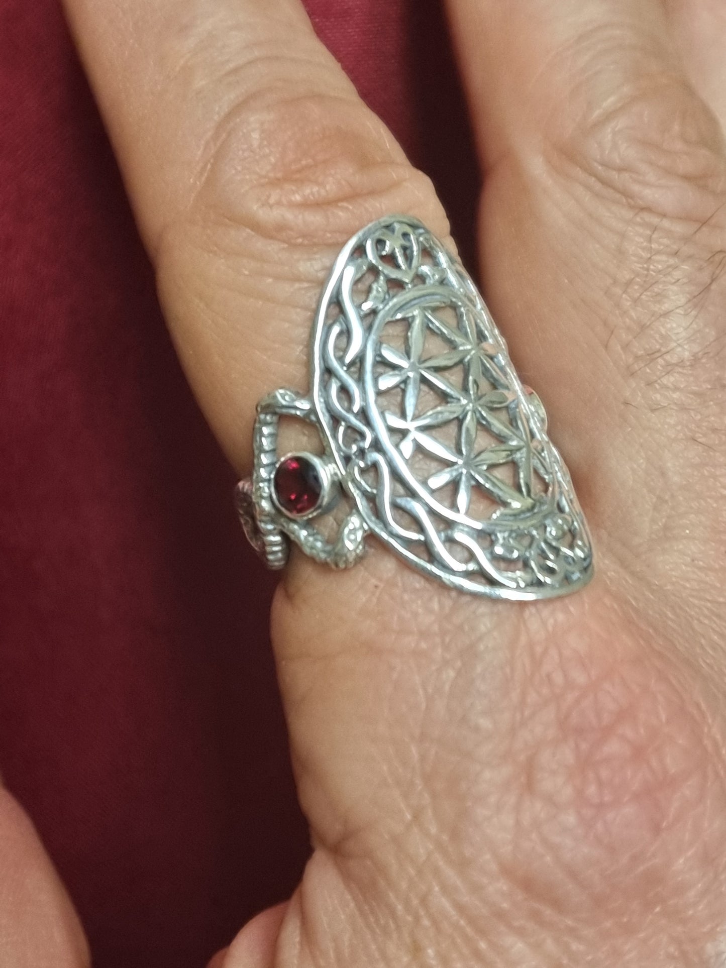 Caduceus Flower of Life Ring - Sterling Silver with Garnet