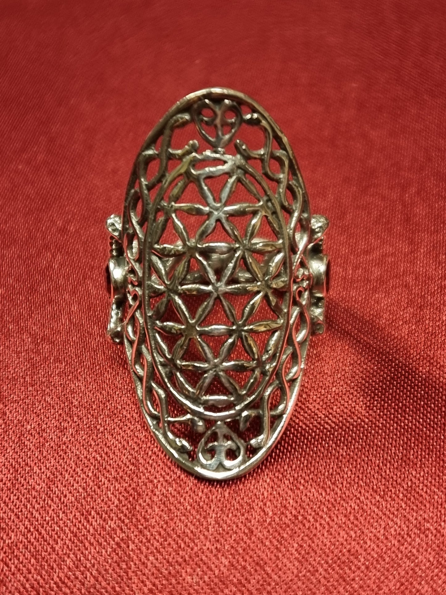 Caduceus Flower of Life Ring - Long - Sterling Silver - Garnet