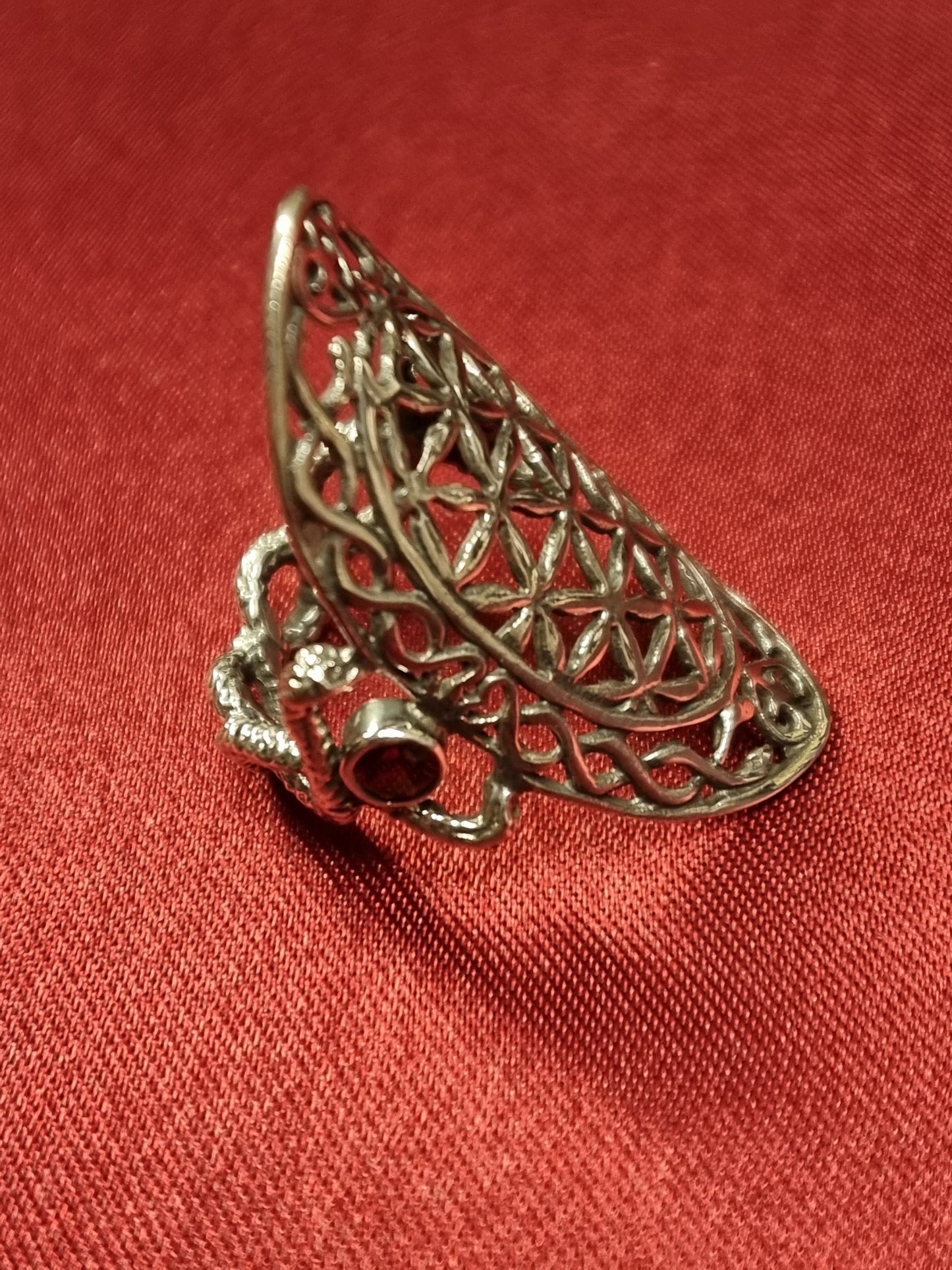 Caduceus Flower of Life Ring - Long - Sterling Silver - Garnet