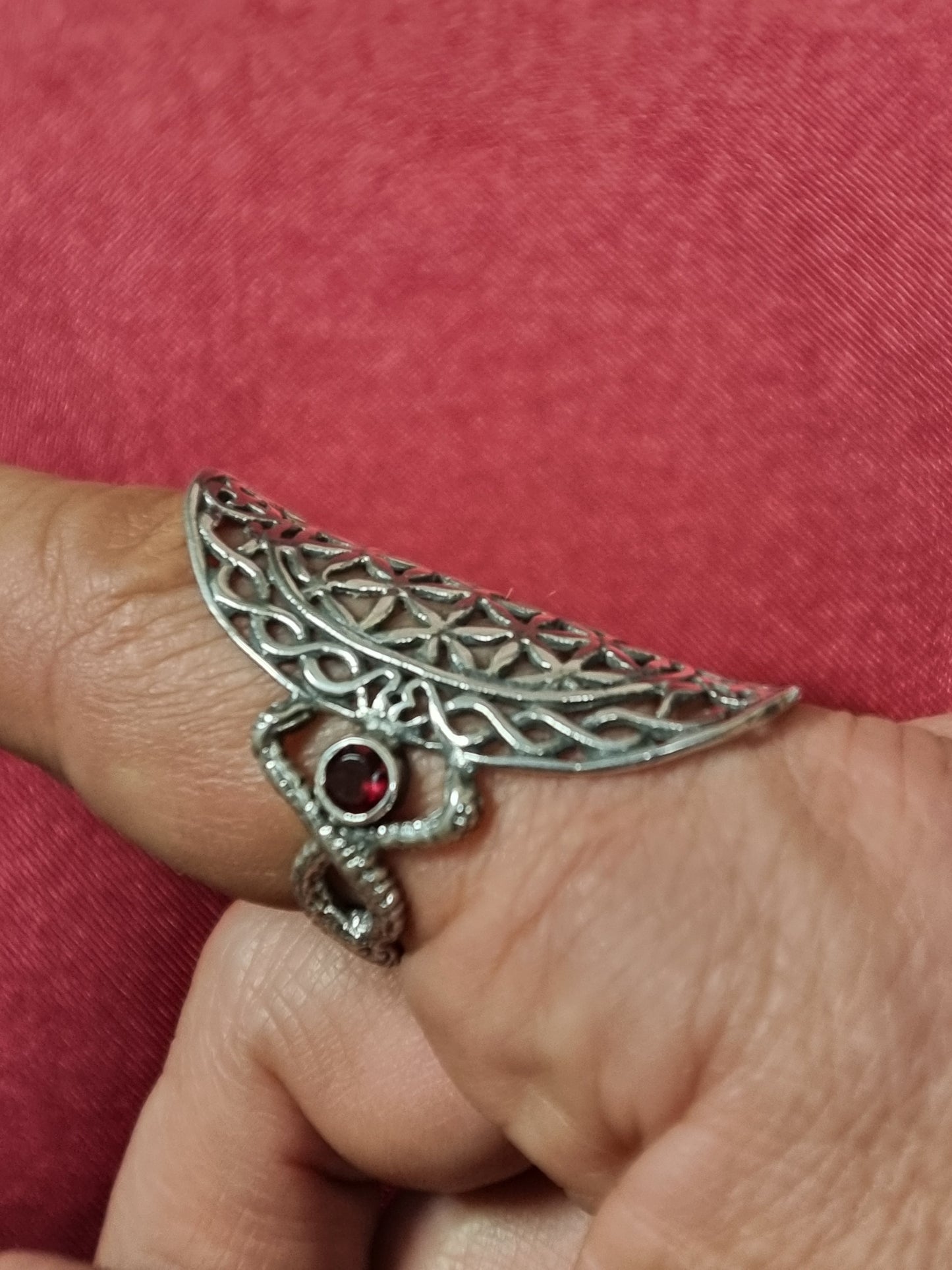 Caduceus Flower of Life Ring - Long - Sterling Silver - Garnet